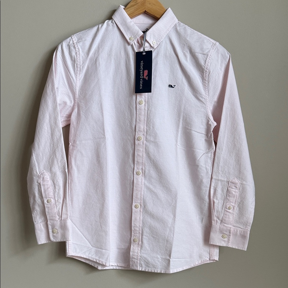 Vineyard Vines Boys Medium (10-12) Oxford Whale Dress Shirt Fine Line Flamingo